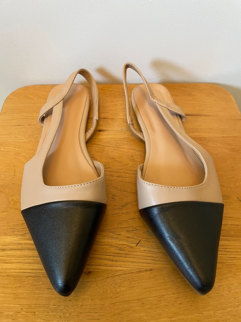 Pointed Two-Tone Slingback Flats - Beige and Black